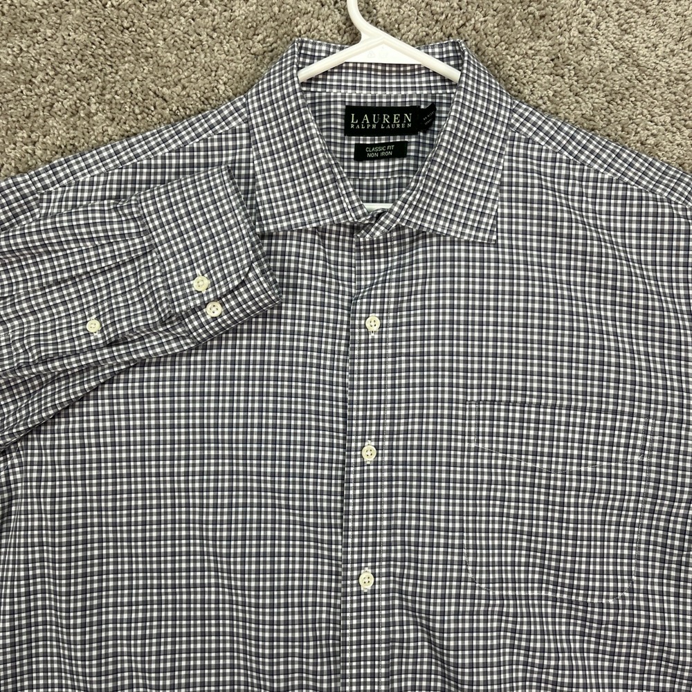 Lauren Ralph Lauren Mens Gray White Dress Shirt 17.5 32/33 Gingham Check EUC‎